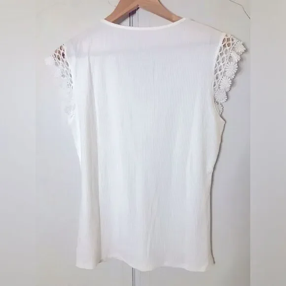 Boho White Lace Crochet Ribbed V Neck Cap Sleeve Fitted Boutique Top Size XL - Picture 3 of 6